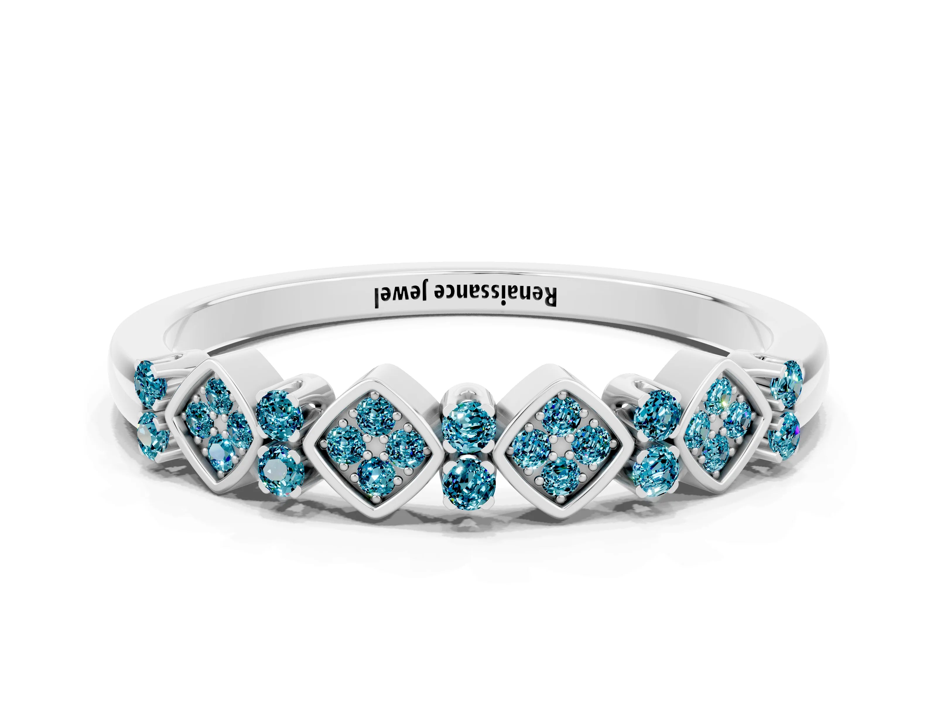 White gold Pavé Cushion Blue Topaz Cluster Eternity Band with Prong Setting_6