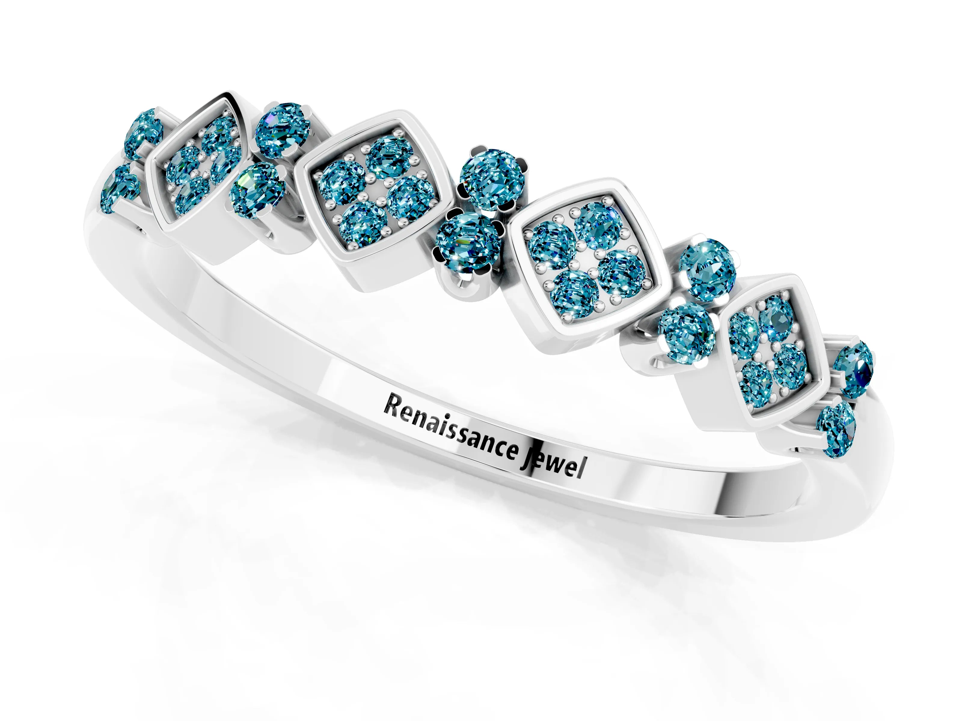 White gold Pavé Cushion Blue Topaz Cluster Eternity Band with Prong Setting_7