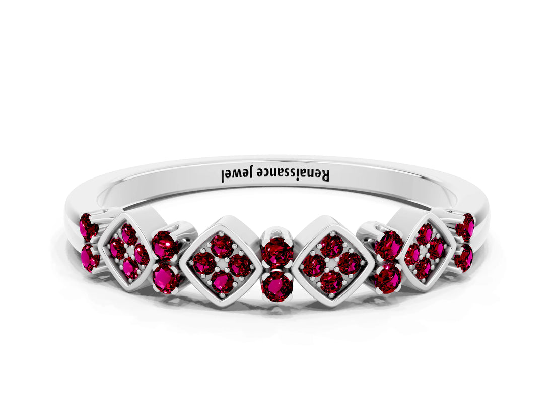 White gold Pavé Cushion Garnet Cluster Eternity Band with Prong Setting_6