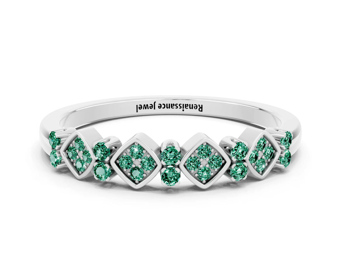 White gold Pavé Cushion Green Sapphire Cluster Eternity Band with Prong Setting_6