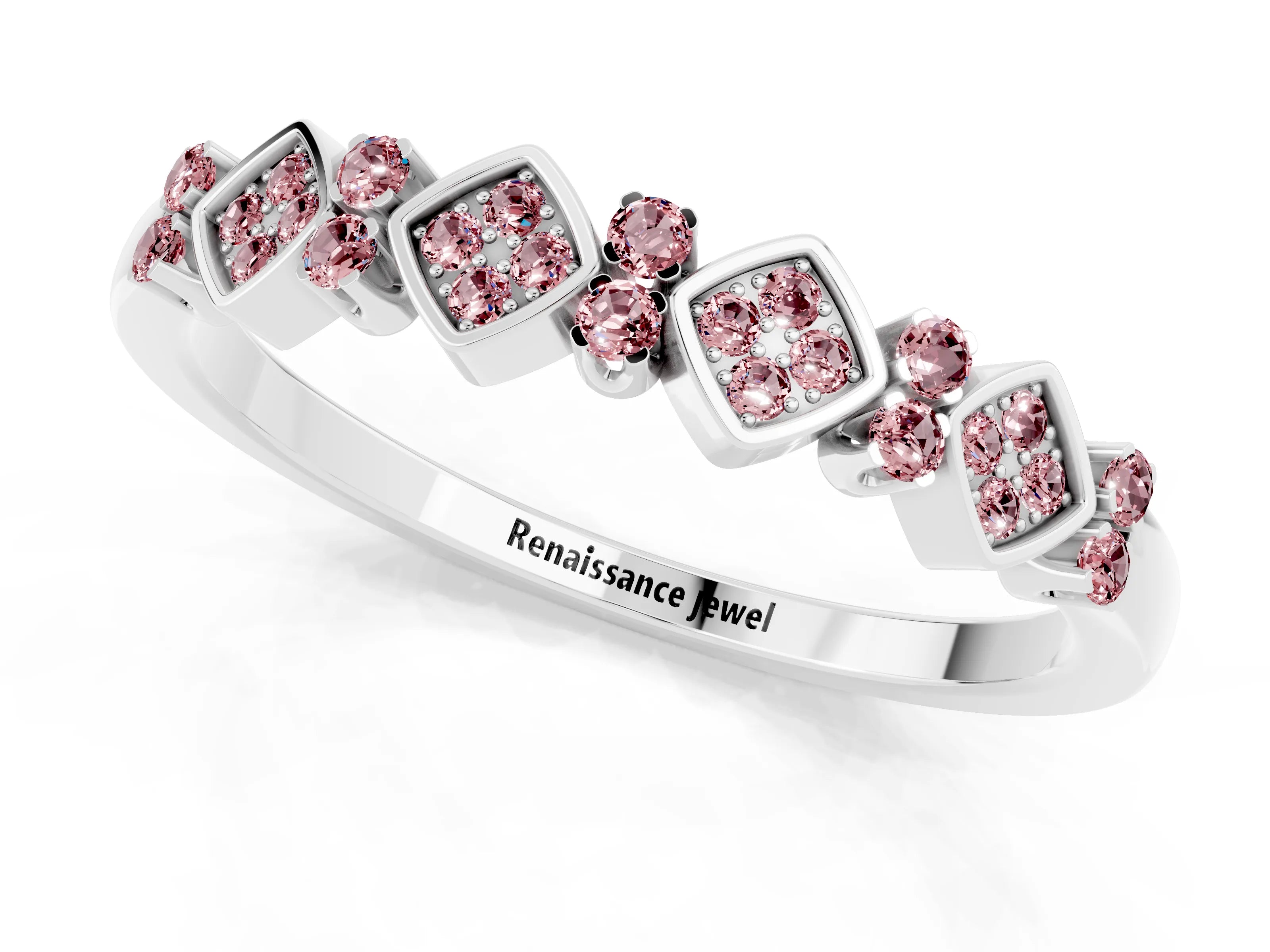 White gold Pavé Cushion Morganite Cluster Eternity Band with Prong Setting_19