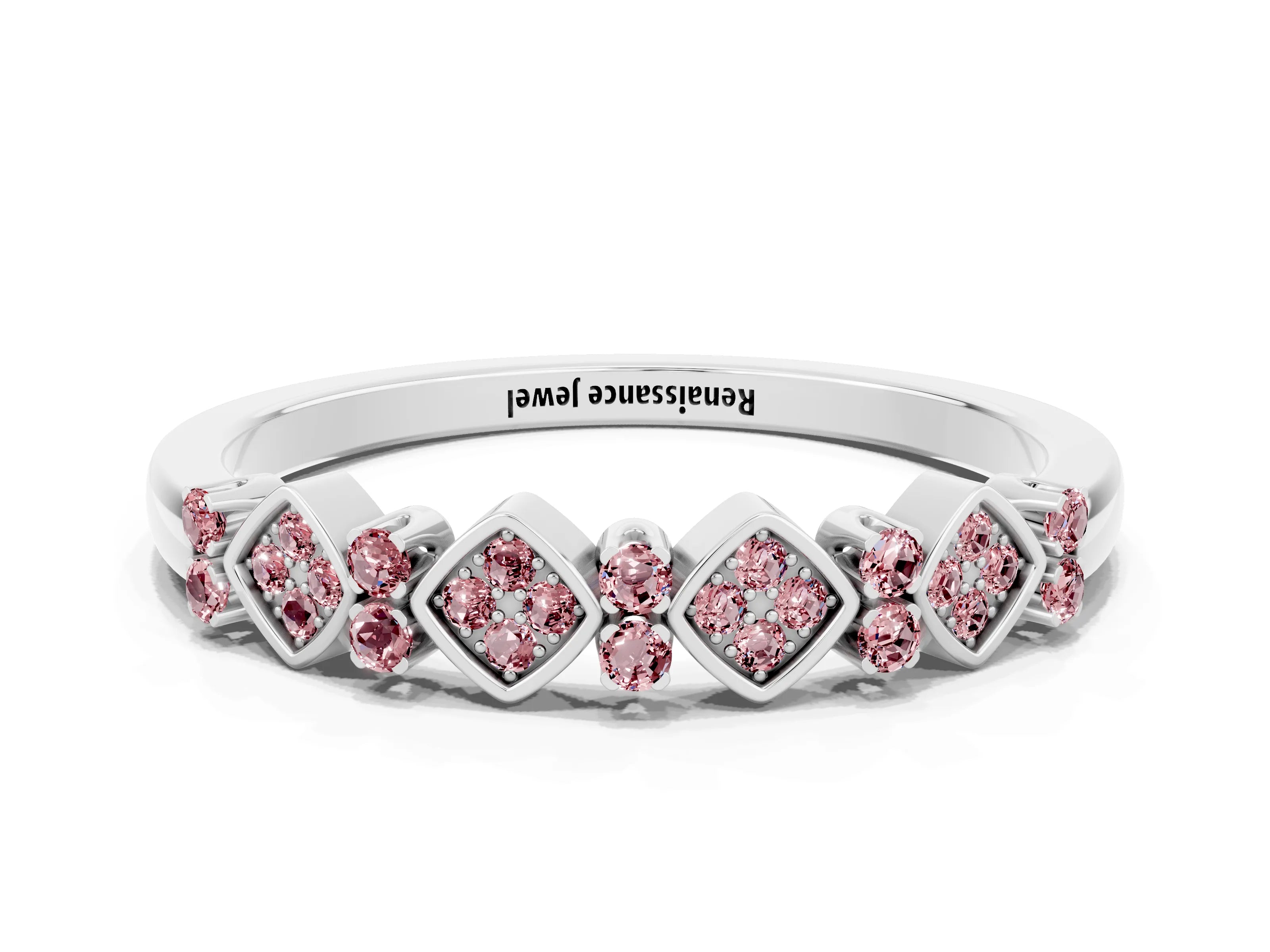 White gold Pavé Cushion Morganite Cluster Eternity Band with Prong Setting_6