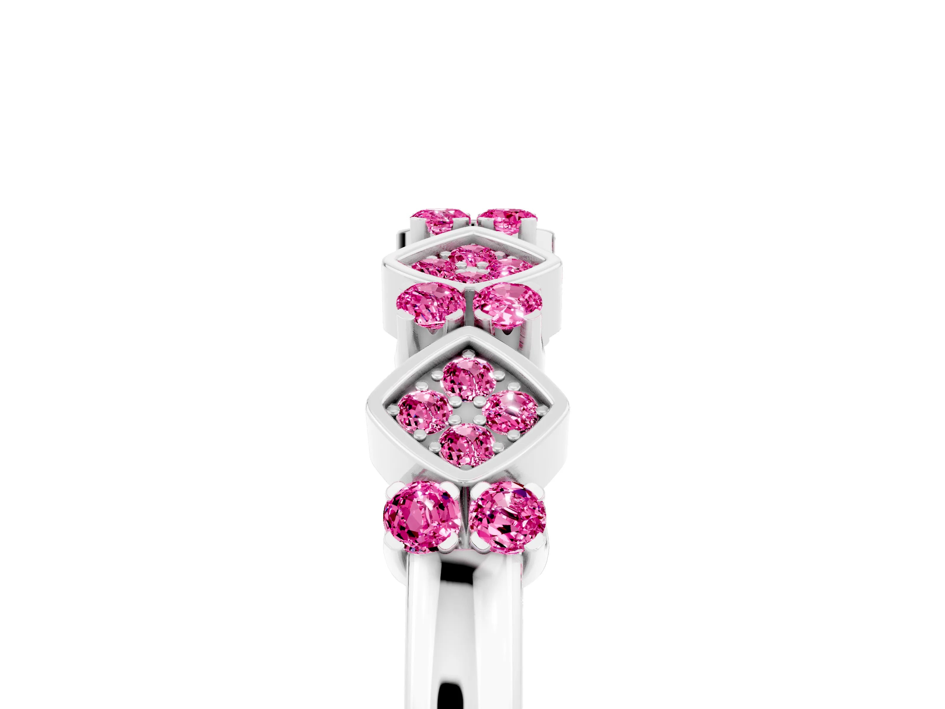 White gold Pavé Cushion Pink Sapphire Cluster Eternity Band with Prong Setting_11