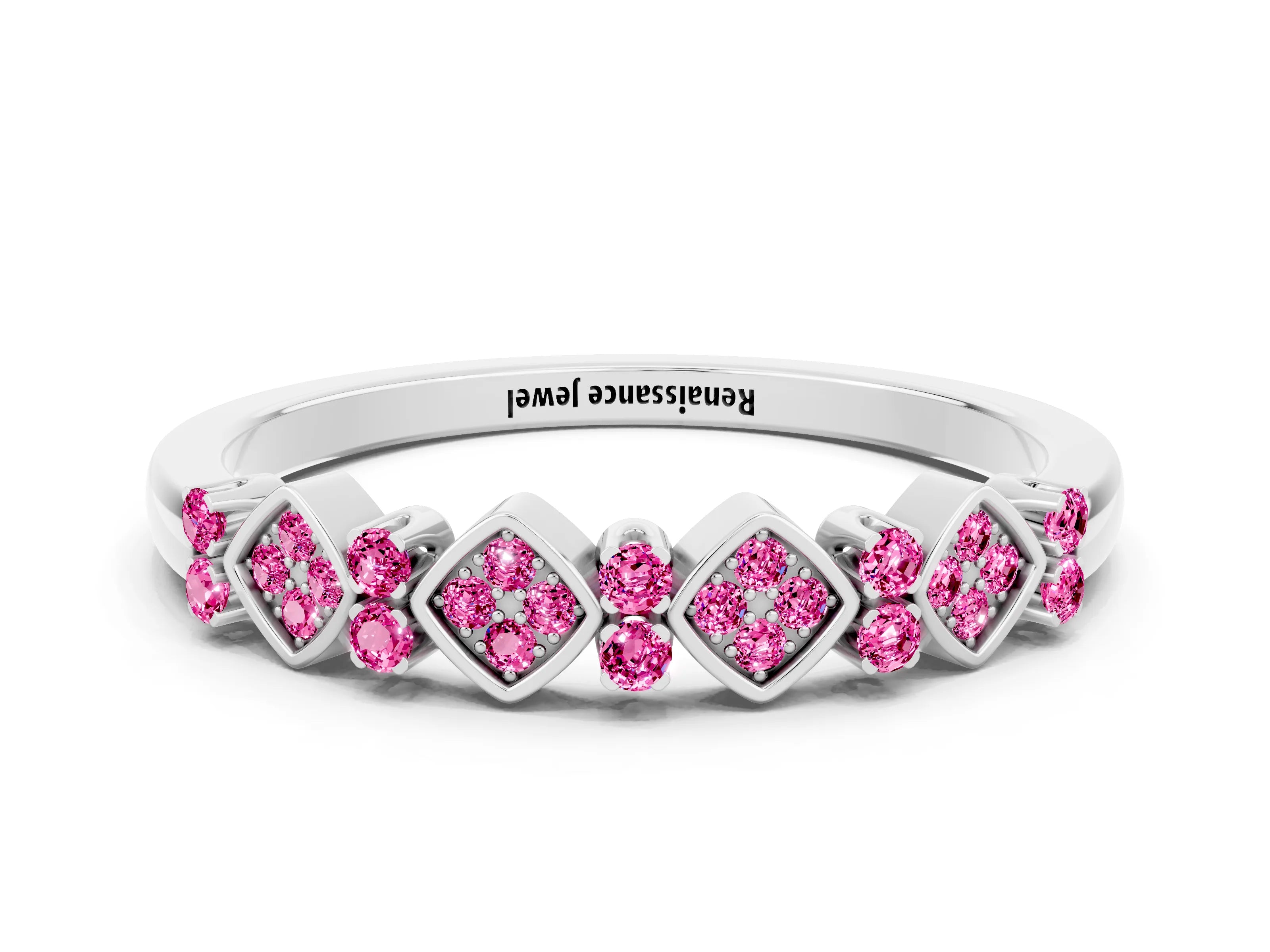 White gold Pavé Cushion Pink Sapphire Cluster Eternity Band with Prong Setting_6