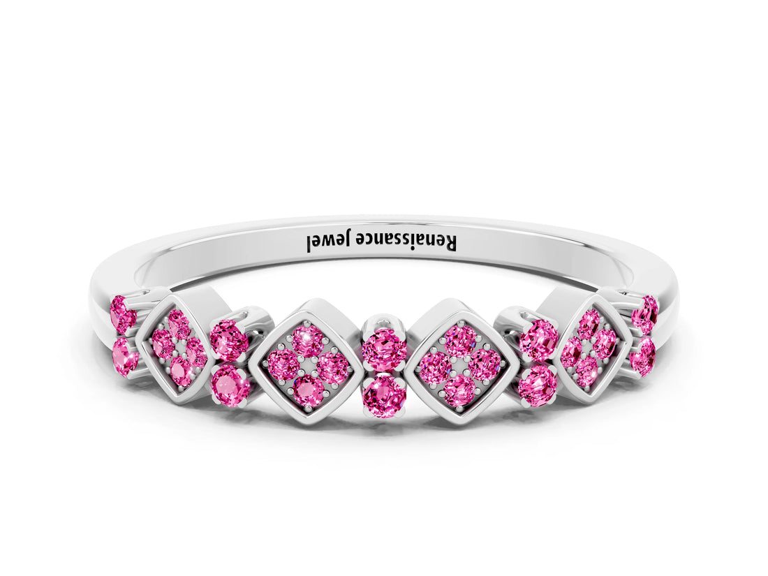 White gold Pavé Cushion Pink Sapphire Cluster Eternity Band with Prong Setting_6