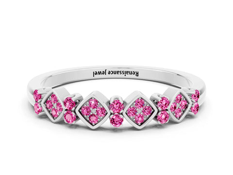 White gold Pavé Cushion Pink Sapphire Cluster Eternity Band with Prong Setting_6