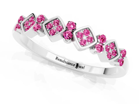White gold Pavé Cushion Pink Sapphire Cluster Eternity Band with Prong Setting_7