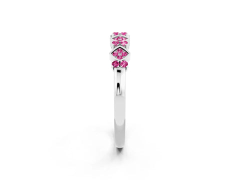 White gold Pavé Cushion Pink Sapphire Cluster Eternity Band with Prong Setting_8
