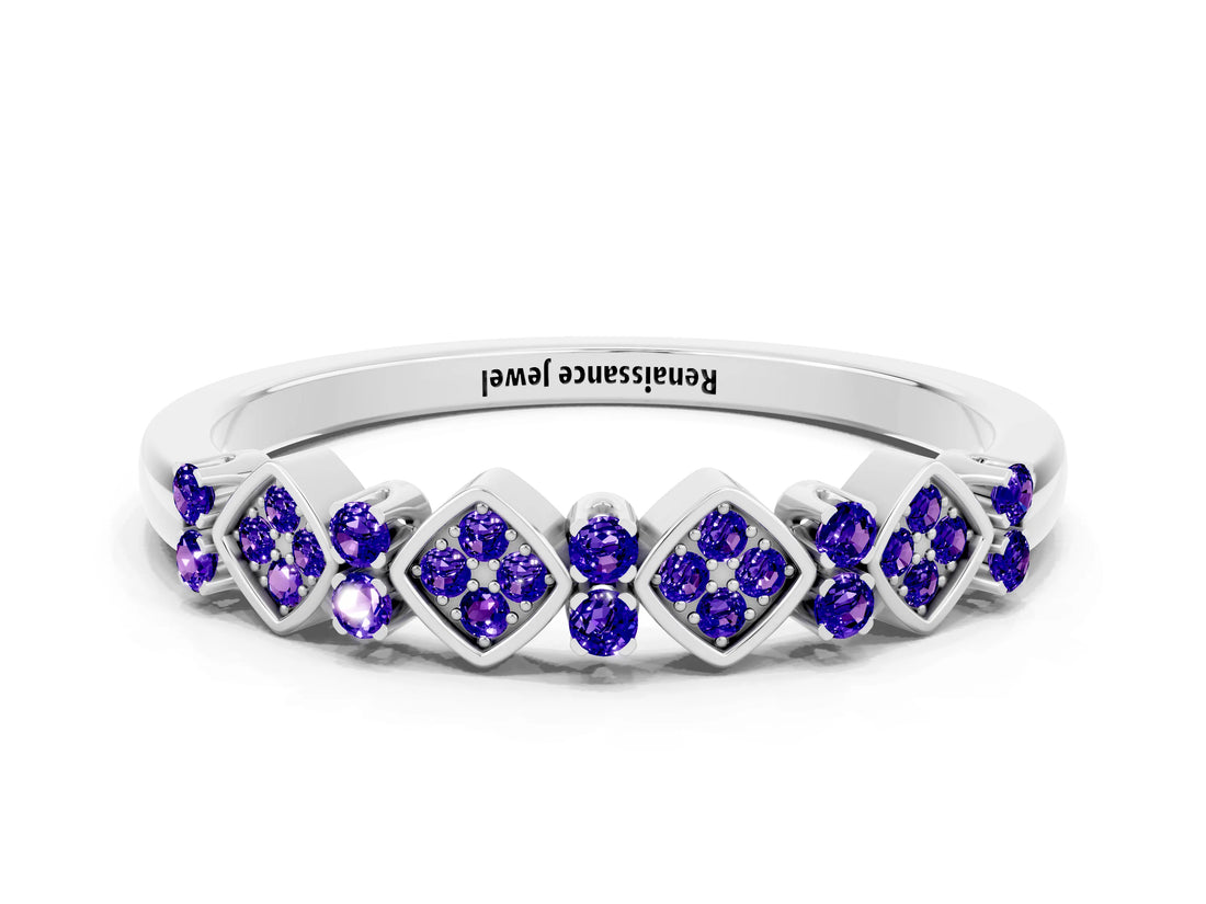 White gold Pavé Cushion Tanzanite Cluster Eternity Band with Prong Setting_6