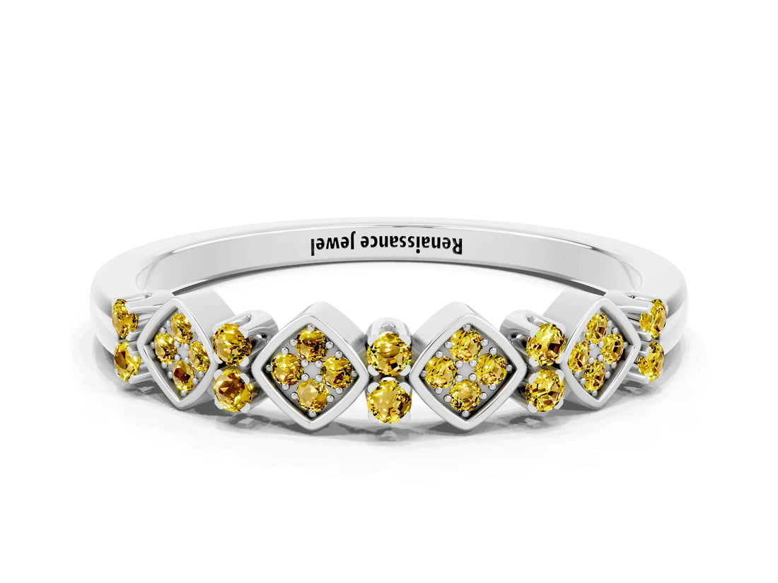White gold Pavé Cushion Yellow Sapphire Cluster Eternity Band with Prong Setting_18