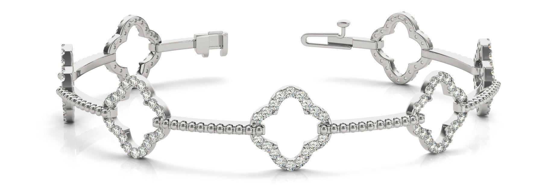 White gold Pavé Diamond Clover Link Bracelet with Beaded Band and Four-Prong Setting