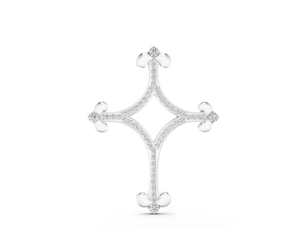 White gold Pavé Diamond Cushion Cross Pendant with Fleur-de-Lis Prongs
