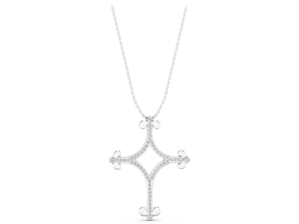 White gold Pavé Diamond Cushion Cross Pendant with Fleur-de-Lis Prongs