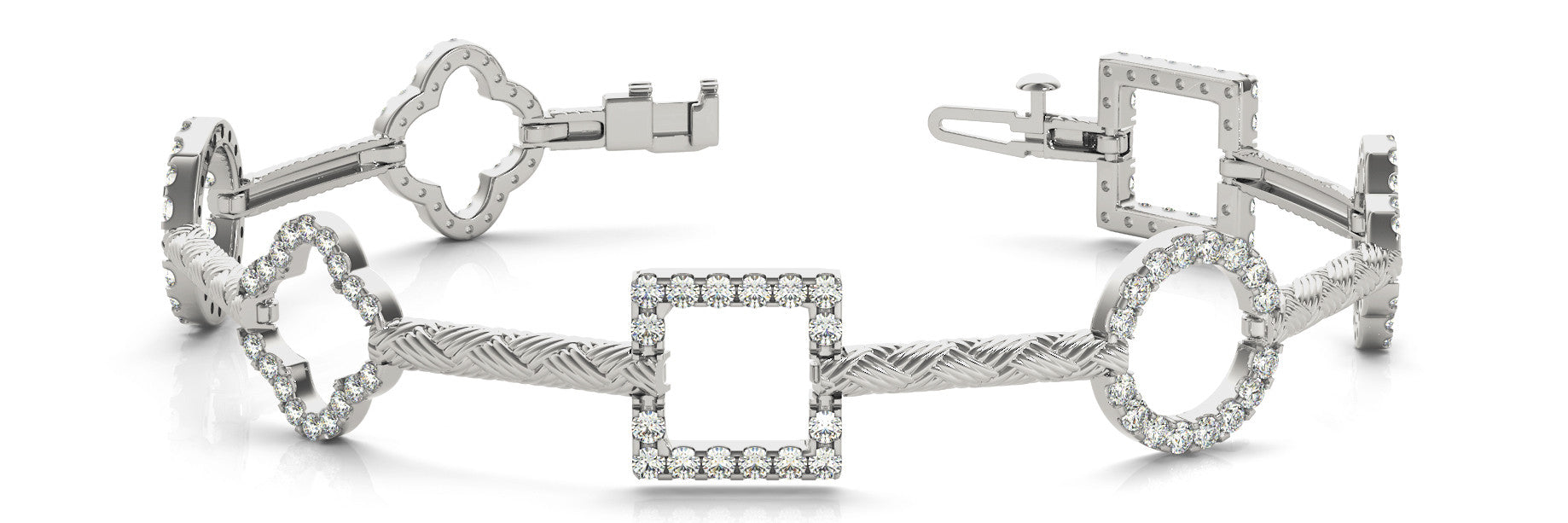 White gold Pavé Diamond Geometric Link Bracelet with Twisted Rope Band and Four-Prong Setting