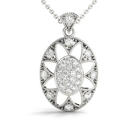 White gold Pavé Oval Milgrain Pendant