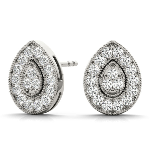 Silver Pavé Pear-Shaped Halo Stud Earrings with Milgrain Detailing
