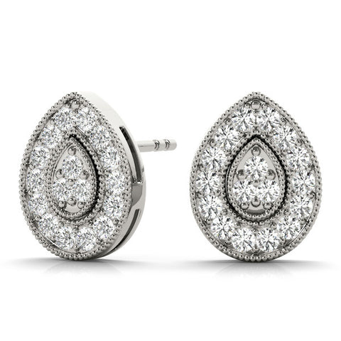 White gold Pavé Pear-Shaped Halo Stud Earrings with Milgrain Detailing 2