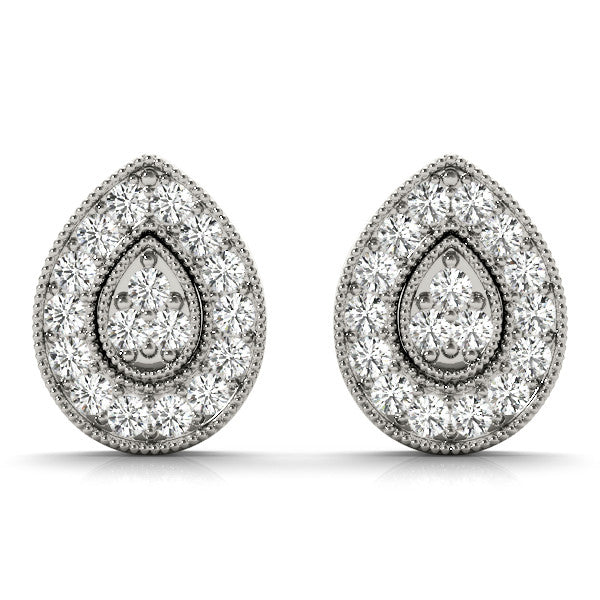 Silver Pavé Pear-Shaped Halo Stud Earrings with Milgrain Detailing
