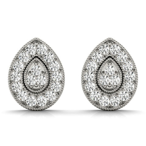 White gold Pavé Pear-Shaped Halo Stud Earrings with Milgrain Detailing