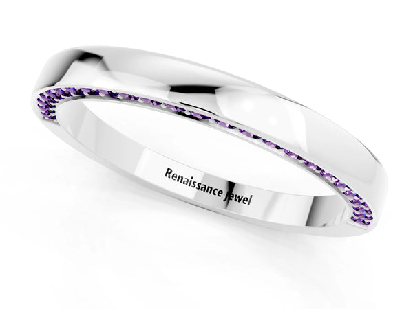 Platinum Round Amethyst Side Pave Half Eternity Band with Plain Top