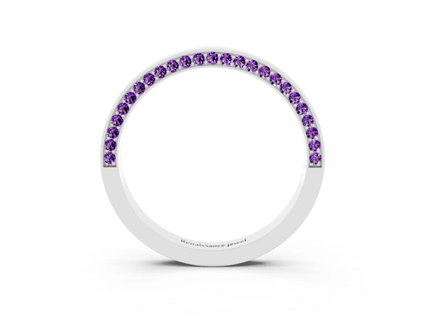 Platinum Round Amethyst Side Pave Half Eternity Band with Plain Top
