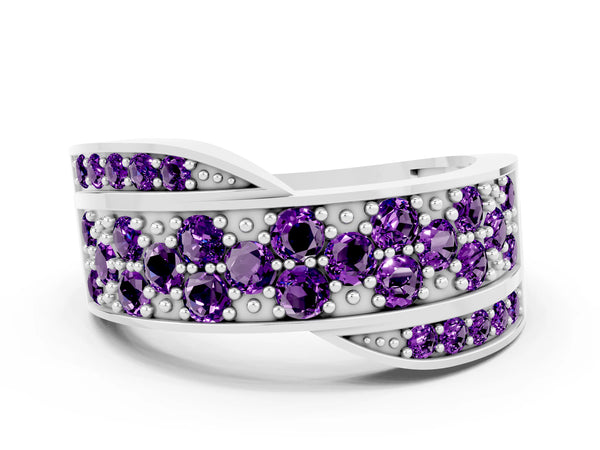 Platinum Pavé Round Amethyst Crossover Band with Bead Prong Setting
