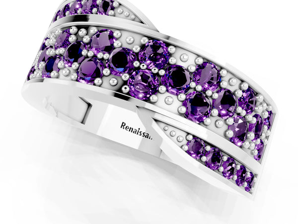 White gold Pavé Round Amethyst Crossover Band with Bead Prong Setting