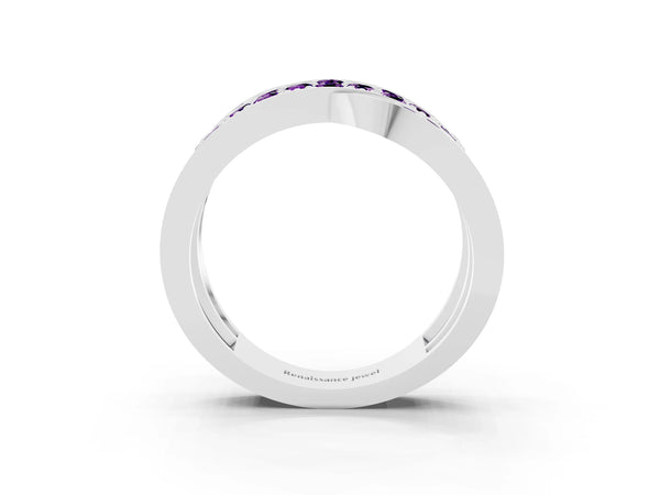 Silver Pavé Round Amethyst Crossover Band with Bead Prong Setting