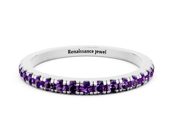 Platinum Round Amethyst Slim Pave Half Eternity Band with Shared Prongs