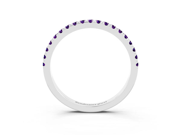 Platinum Round Amethyst Slim Pave Half Eternity Band with Shared Prongs