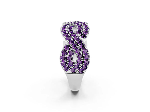 White Gold Round Amethyst Pave Infinity Twist Wedding Band with Shared Prongs