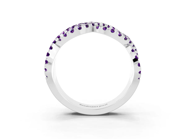 White Gold Round Amethyst Pave Infinity Twist Wedding Band with Shared Prongs