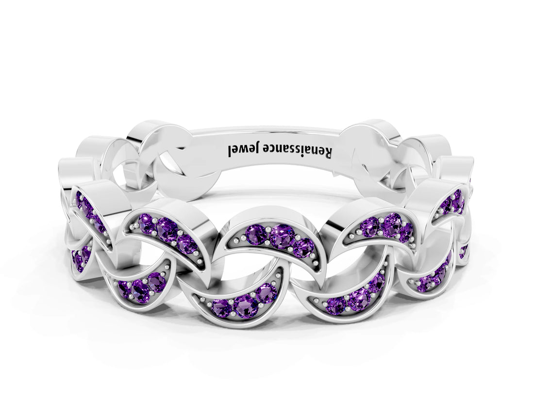 White gold Pavé Round Amethyst Interlocking Eternity Band with Bezel Prong Setting_6
