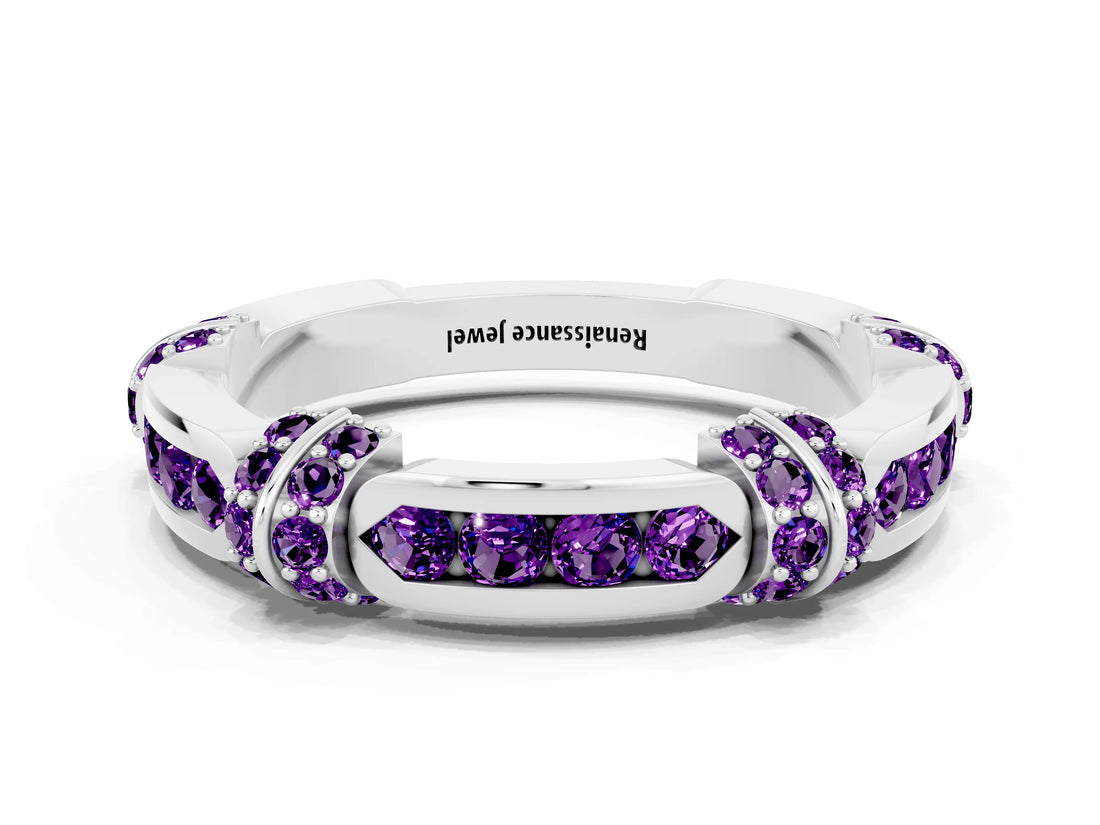 White gold Pavé Round Amethyst Link Band with Bezel Setting_18