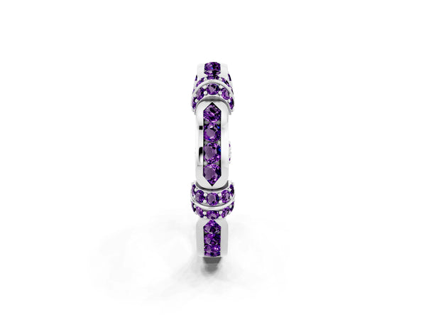 White Gold Amethyst Pave Link Wedding Band with Channel Set Top Panel