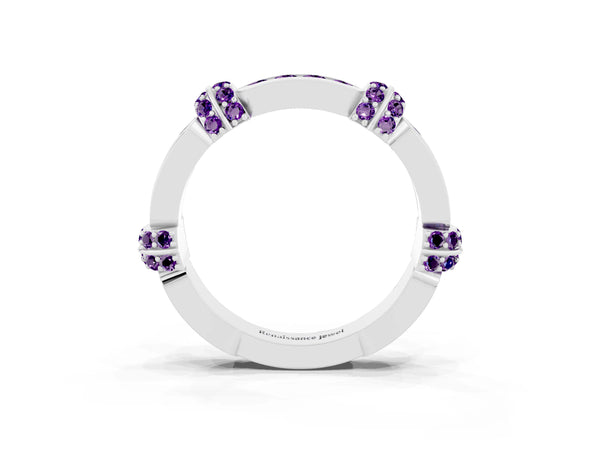 White Gold Amethyst Pave Link Wedding Band with Channel Set Top Panel