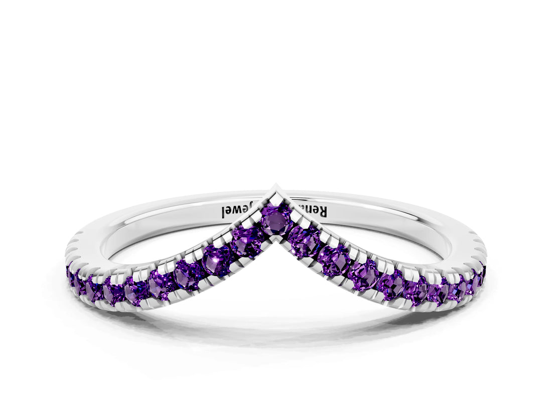 White gold Pavé Round Amethyst V-Shaped Chevron Band with Shared Prong Setting_6