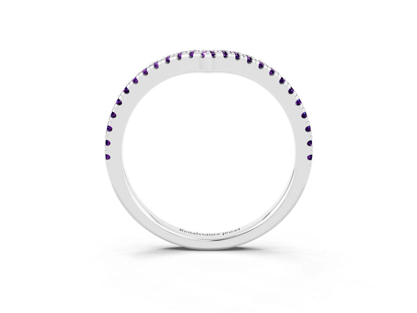 White Gold Round Amethyst V Chevron Pave Wedding Band with Shared Prongs