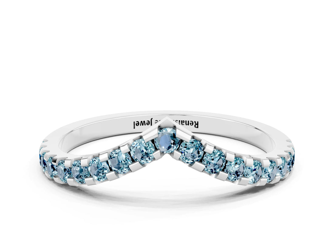 White gold Pavé Round Aquamarine Chevron Band with Shared Prong Setting_6
