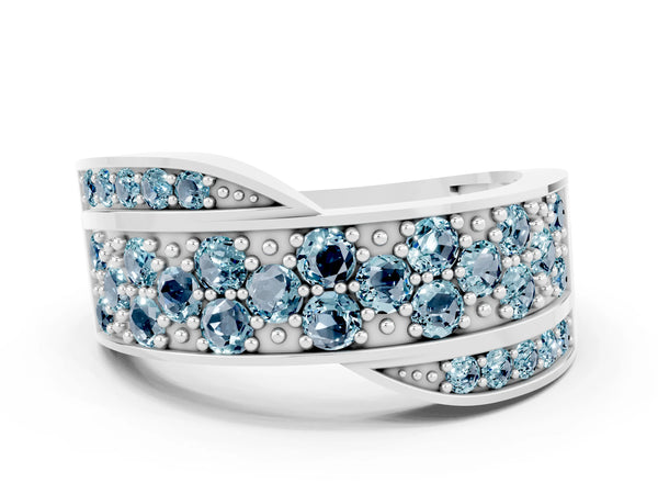 Platinum Pavé Round Aquamarine Crossover Band with Bead Prong Setting