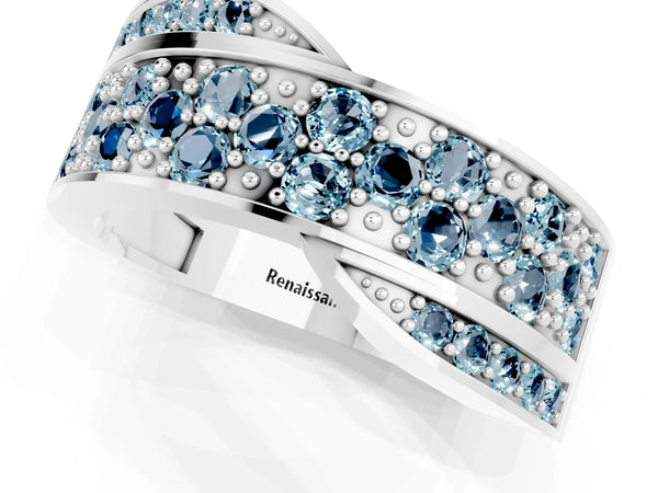 Platinum Pavé Round Aquamarine Crossover Band with Bead Prong Setting