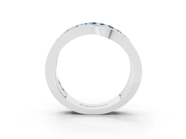 Silver Pavé Round Aquamarine Crossover Band with Bead Prong Setting