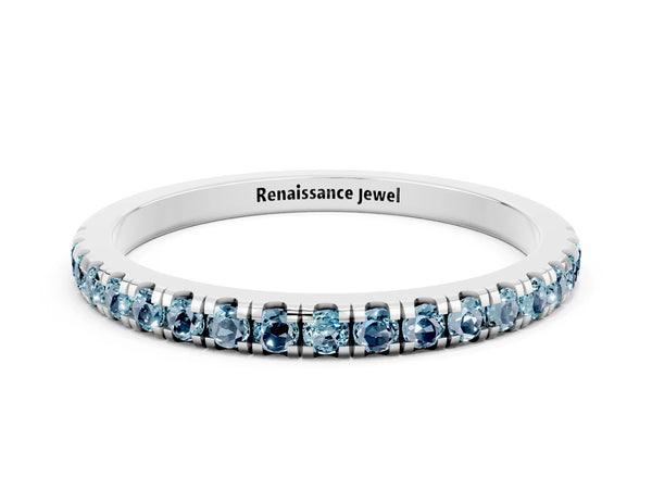 White Gold Round Aquamarine Slim Pave Half Eternity Band with Shared Prongs