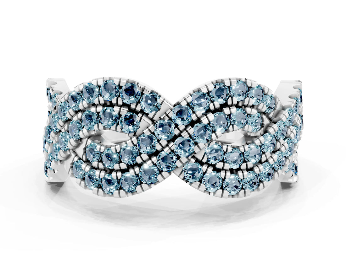 White gold Pavé Round Aquamarine Infinity Twist Band with Shared Prong Setting_10