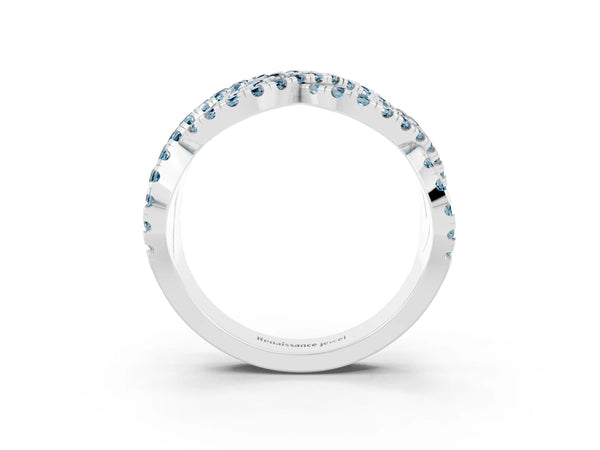 White Gold Round Aquamarine Pave Infinity Twist Wedding Band with Shared Prongs