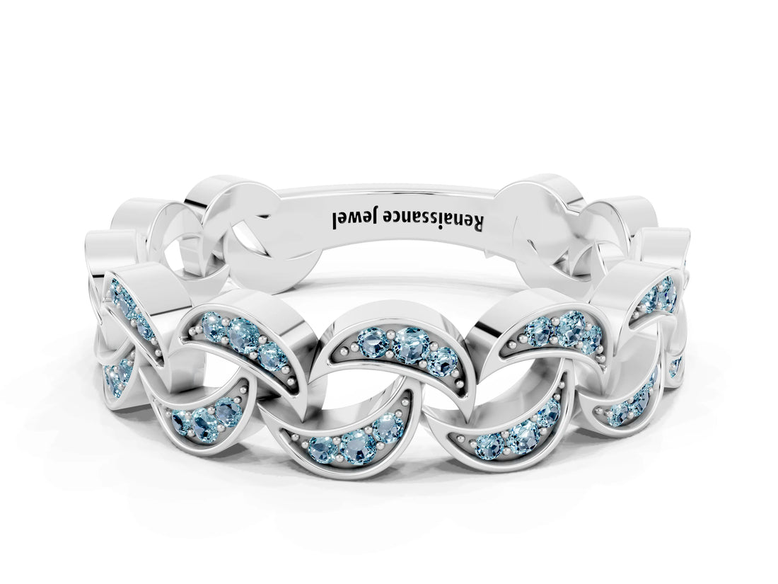 White gold Pavé Round Aquamarine Interlocking Eternity Band with Bezel Prong Setting_6