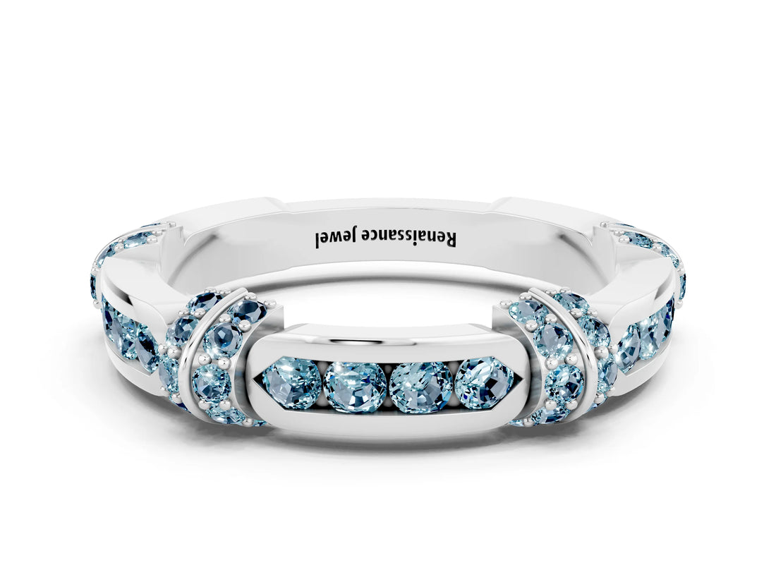 White gold Pavé Round Aquamarine Link Band with Bezel Setting_30