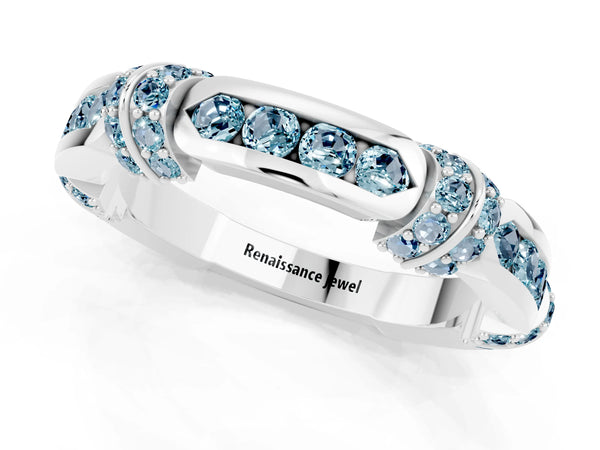 White Gold Aquamarine Pave Link Wedding Band with Channel Set Top Panel