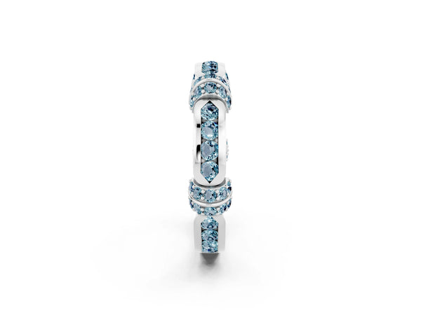 White Gold Aquamarine Pave Link Wedding Band with Channel Set Top Panel