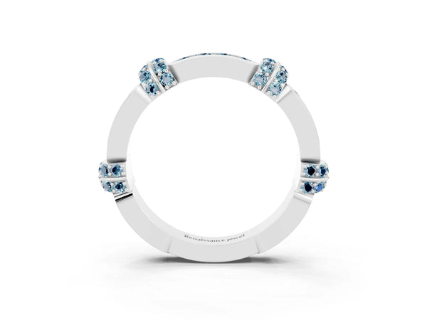 White Gold Aquamarine Pave Link Wedding Band with Channel Set Top Panel